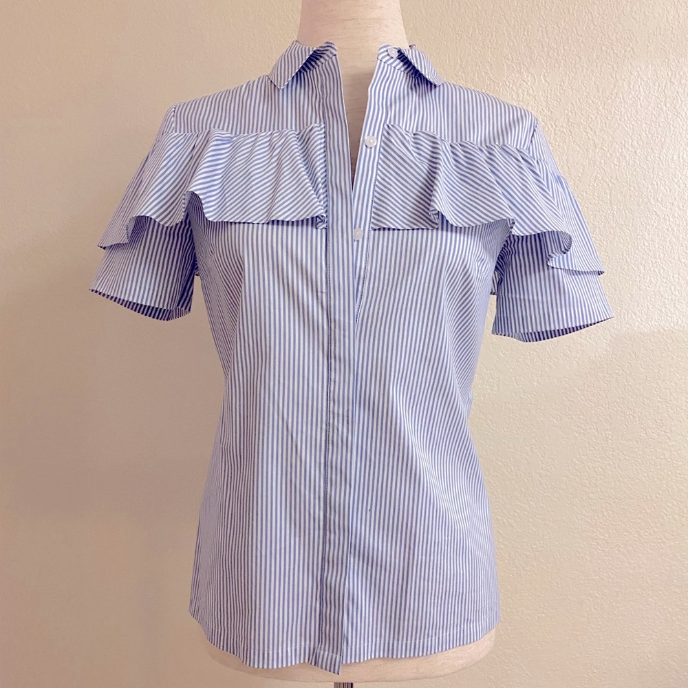 White and blue striped button up with ruffles
